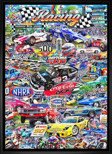 Auto Racing 20" x 29" Framed Canvas By Michel Fishel 22.5" x 31.5"